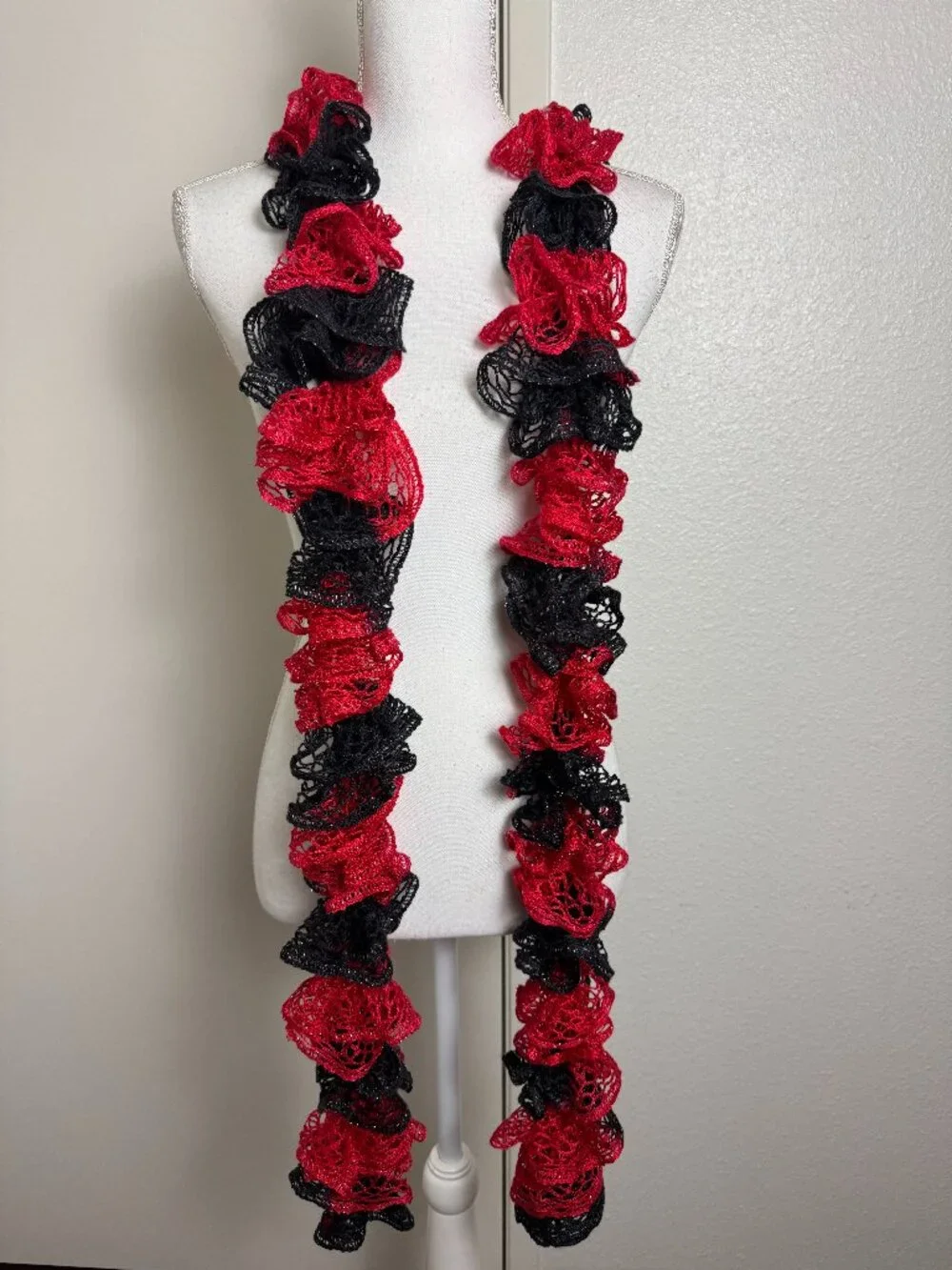 NEW Boho Festival  Chic Ruffle Scarf Red Black Crochet Knit Statement Wrap